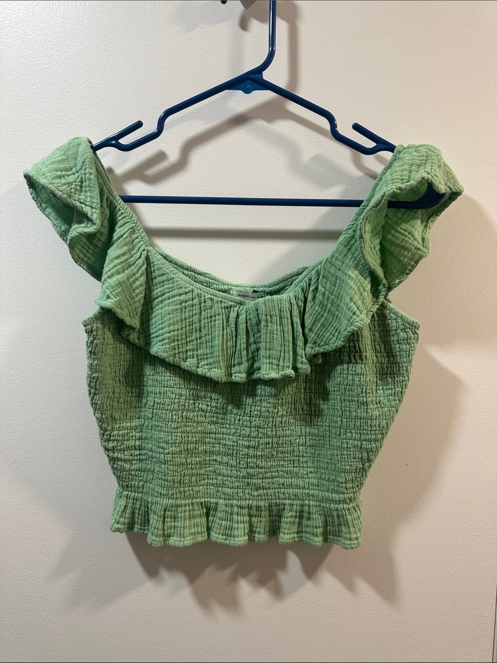 American Eagle Outfitters Medium Green Ruffle Off-Shoulder Crop Top